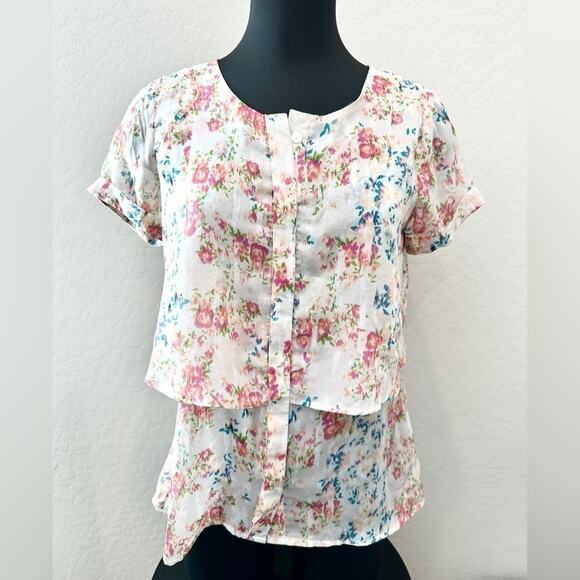 NY COLLECTION White Floral Button Front Ruffle Blouse  Romantic Top | Size Small - Picture 2 of 8